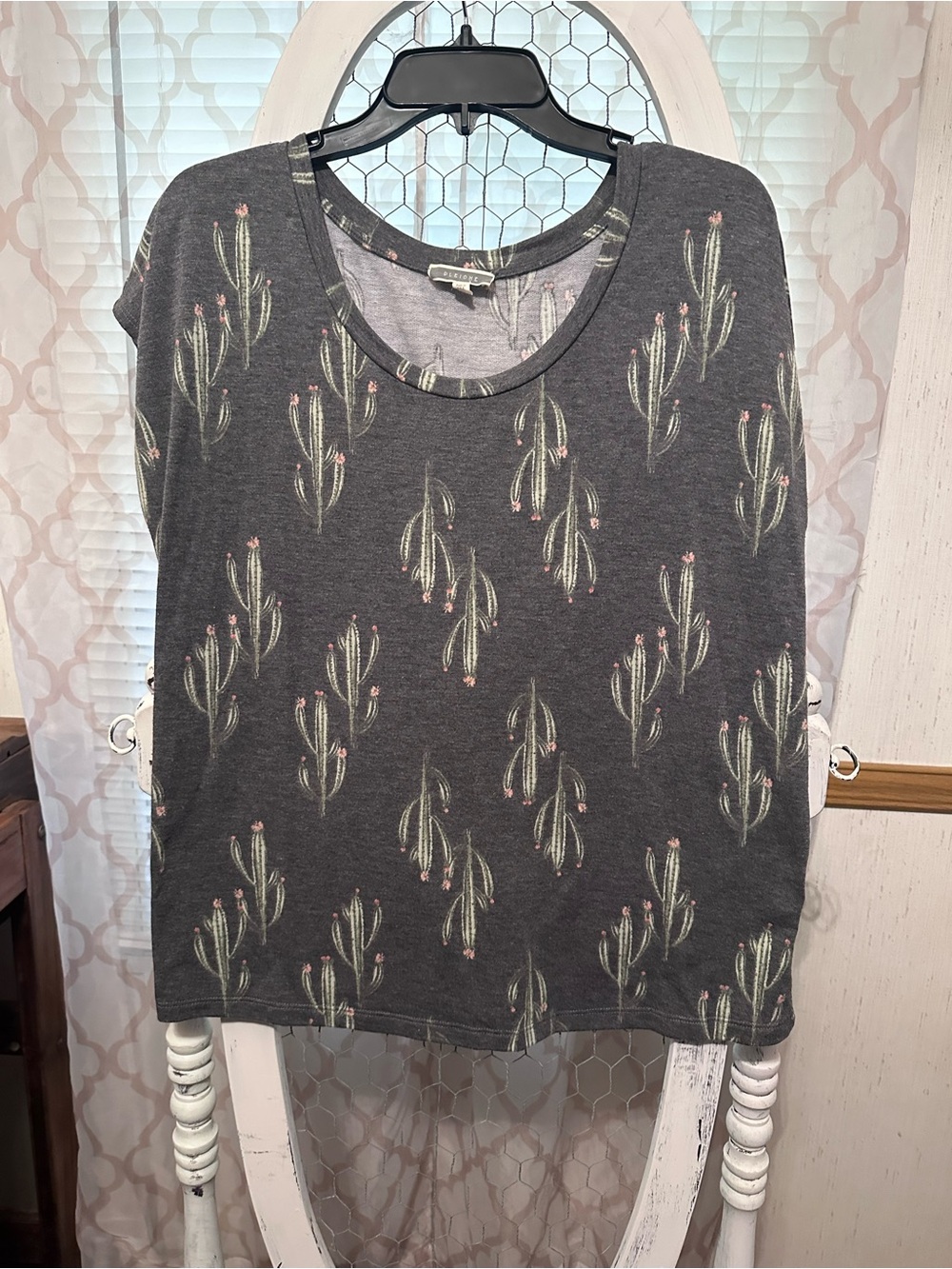 Pleione Charcoal Scoop Neck Tee with Cactus & Pink Blooms